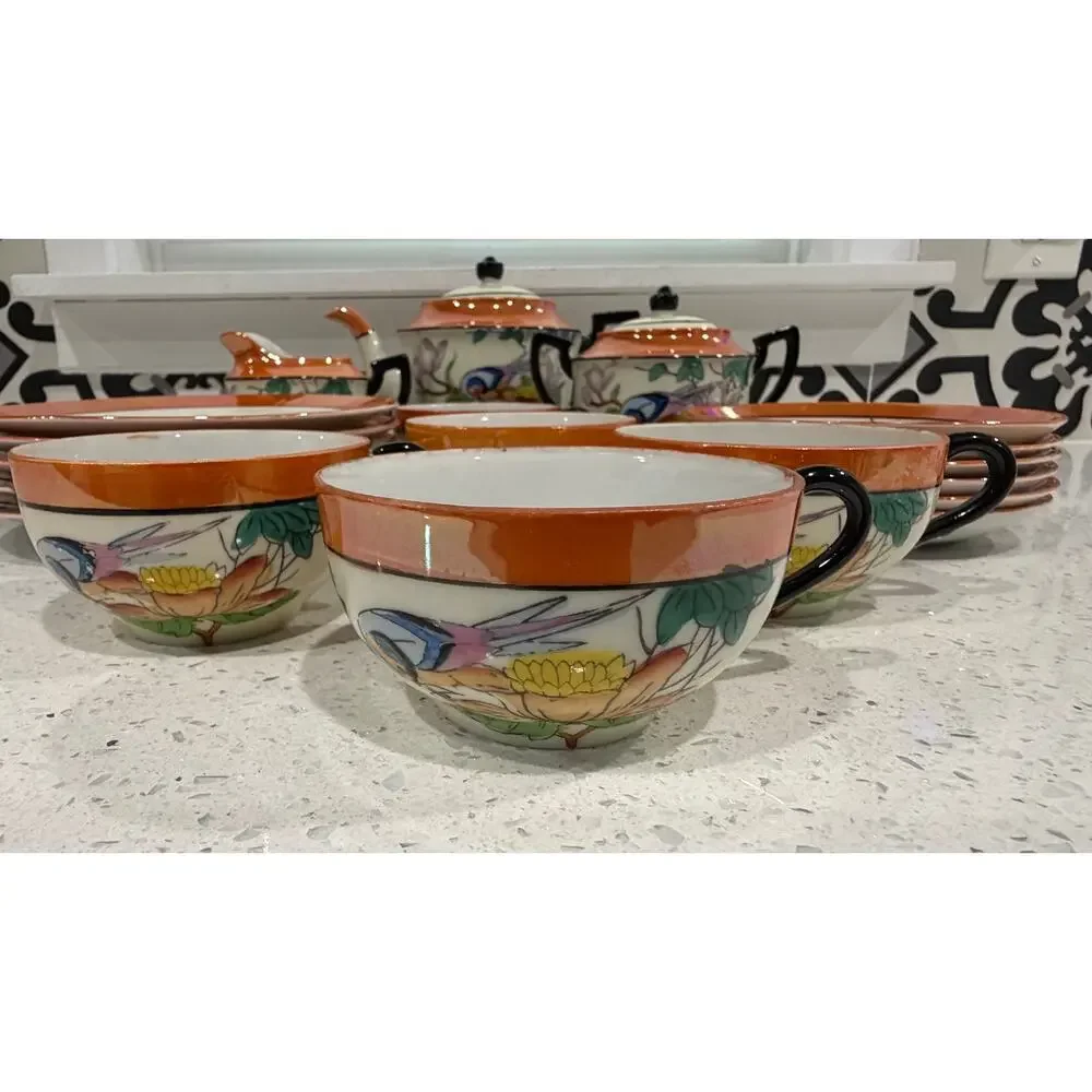 Vintage Japanese Lusterware Tea Set Chikaramachi Bird & Flower Pattern 18 pieces